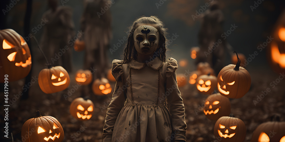 halloween scene with child and jack o lanterns - spooky cinematic photography