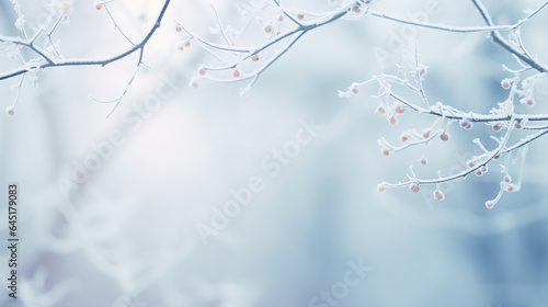A White beaytiful winter Christmas blurres background. Winter atmospheric natural landscape with frost - covered dry branches during snowfall. © Phoophinyo