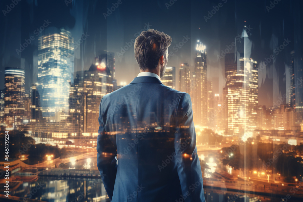 Rear view of businessman looking at night city with skyscrapers - obrazy, fototapety, plakaty 