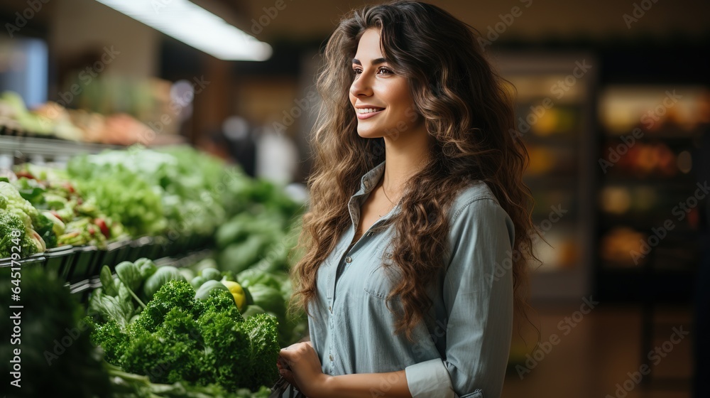 Happy woman in a supermarket chooses fresh herbs and vegetables. Wholesome and healthy organic food