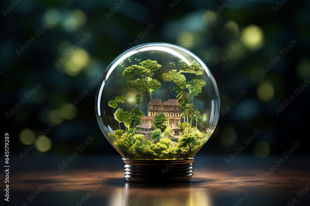 glass ball with house and tree inside. 3d illustration. save the world concept