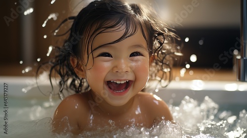 Happy asian little baby laughs and bathes in the bathtub with a splash of water