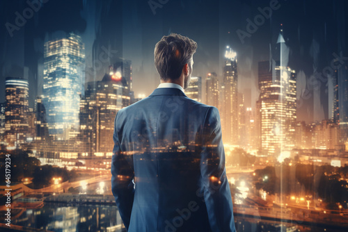 Rear view of businessman looking at night city with skyscrapers