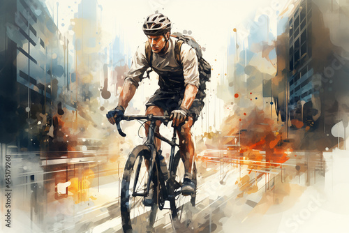 Cyclist in helmet riding bicycle on abstract city background. Double exposure