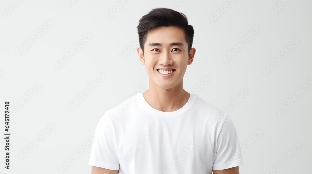 Asian man happy and happy, portrait of asian man with wow face, happy man, looks back at the camera, man wearing white t - shirt is delighted with light gray background. Asian man happy and happy, portrait of asian man with wow face, happy man, looks back at the camera, man wearing white t - shirt is delighted with light gray background.