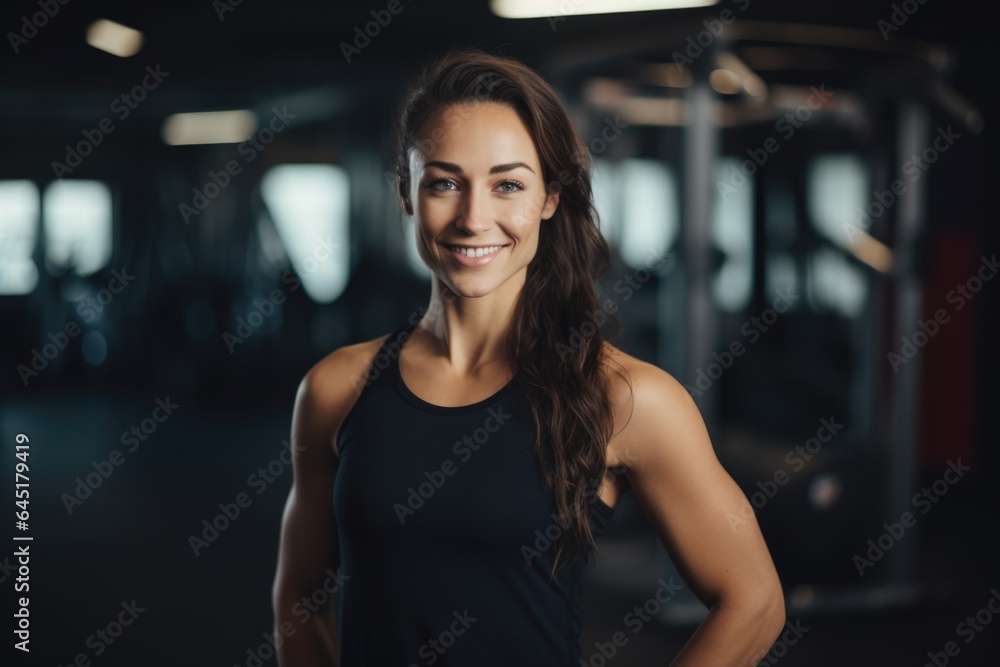 Smiling portrait of a happy young female caucasian fitness instructor working in an indoor gym Smiling portrait of a happy young female caucasian fitness instructor working in an indoor gym