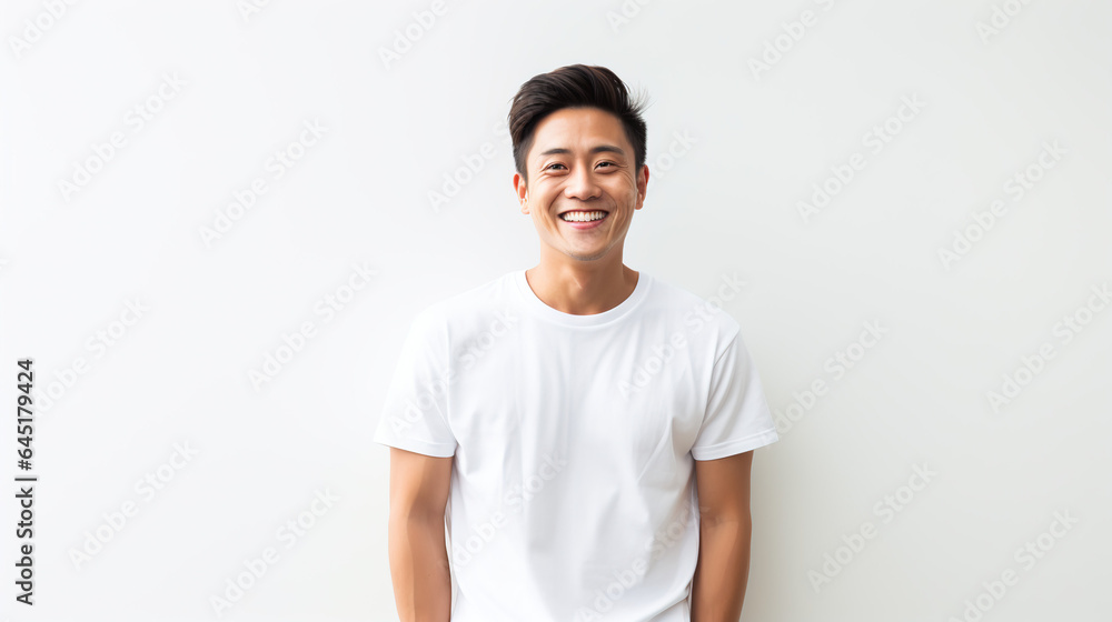 Obraz premium Asian man happy and happy, portrait of asian man with wow face, happy man, looks back at the camera, man wearing white t - shirt is delighted with light gray background.