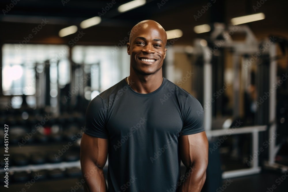 Smiling portrait of a happy young male african american fitness instructor in an indoor gym Smiling portrait of a happy young male african american fitness instructor in an indoor gym