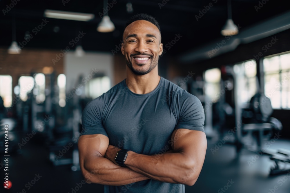 Naklejka premium Smiling portrait of a happy young male african american fitness instructor in an indoor gym