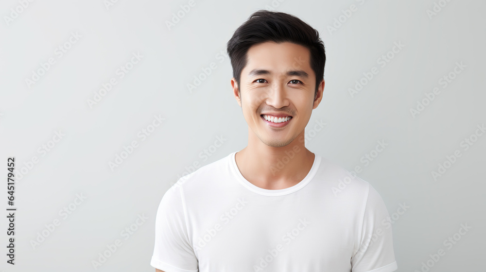 Asian man happy and happy, portrait of asian man with wow face, happy man, looks back at the camera, man wearing white t - shirt is delighted with light gray background. Asian man happy and happy, portrait of asian man with wow face, happy man, looks back at the camera, man wearing white t - shirt is delighted with light gray background.