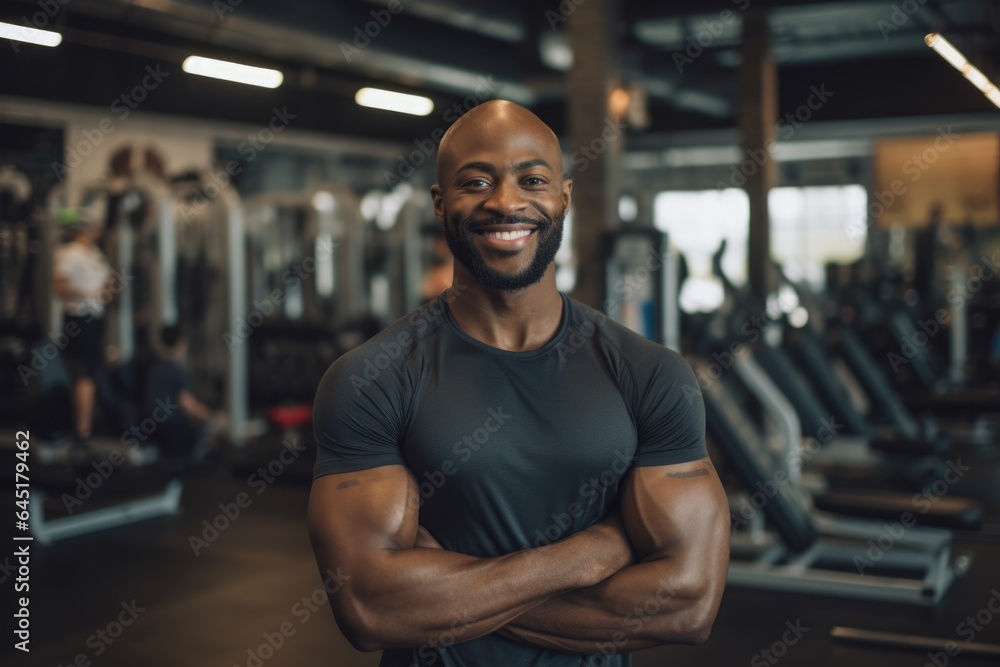 Smiling portrait of a happy young male african american fitness instructor in an indoor gym Smiling portrait of a happy young male african american fitness instructor in an indoor gym
