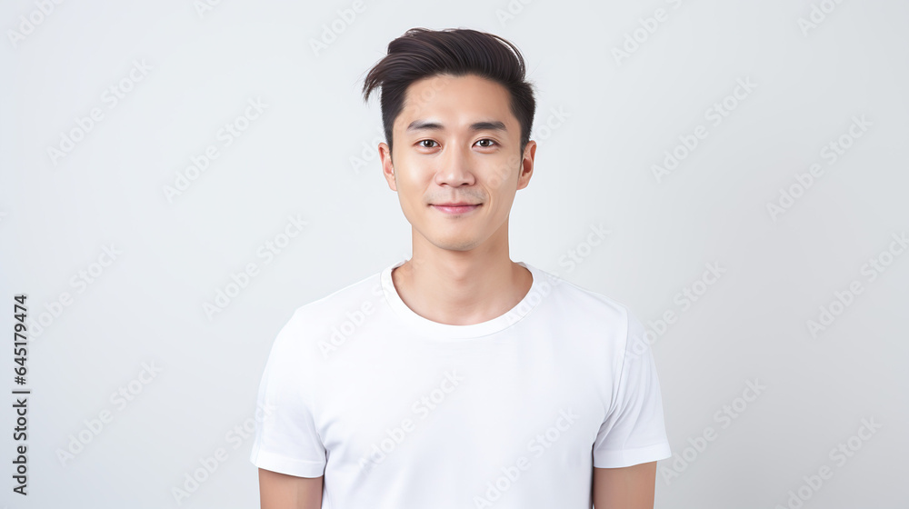 Asian man happy and happy, portrait of asian man with wow face, happy man, looks back at the camera, man wearing white t - shirt is delighted with light gray background. Asian man happy and happy, portrait of asian man with wow face, happy man, looks back at the camera, man wearing white t - shirt is delighted with light gray background.