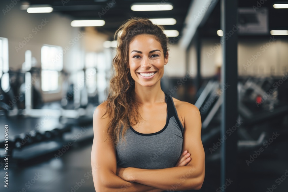 Smiling portrait of a happy young female caucasian fitness instructor working in an indoor gym