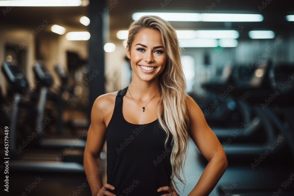 Smiling portrait of a happy young female caucasian fitness instructor working in an indoor gym