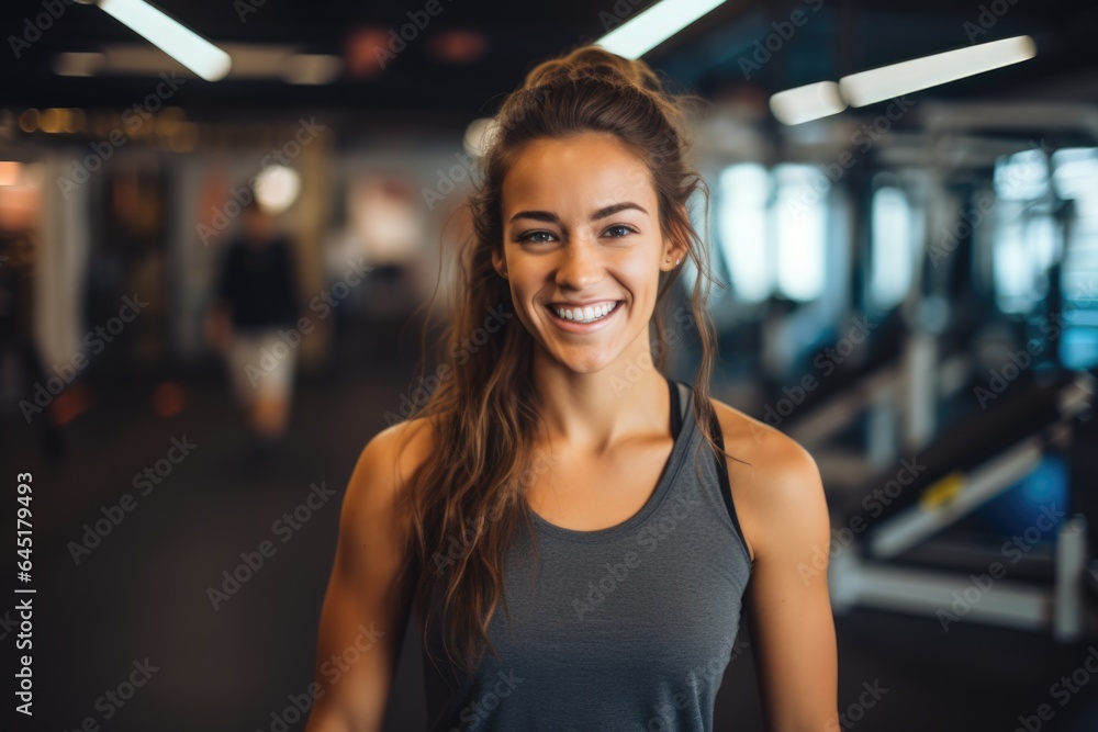 Smiling portrait of a happy young female caucasian fitness instructor working in an indoor gym