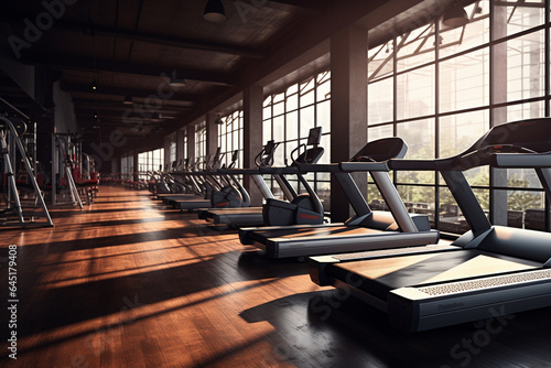 Modern gym interior with fitness equipment and sunlight. 3D Rendering