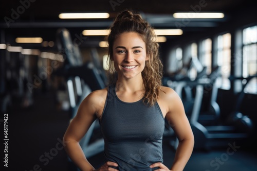 Smiling portrait of a happy young female caucasian fitness instructor working in an indoor gym © NikoG