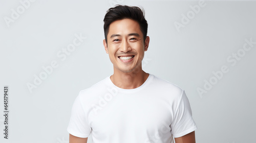  Asian man happy and happy, portrait of asian man with wow face, happy man, looks back at the camera, man wearing white t - shirt is delighted with light gray background.