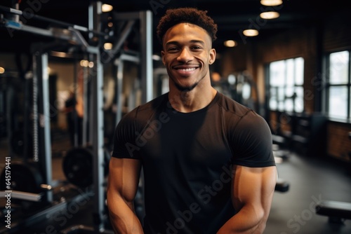 Smiling portrait of a happy young male african american fitness instructor in an indoor gym