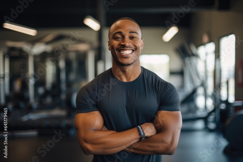 Smiling portrait of a happy young male african american fitness instructor in an indoor gym © NikoG