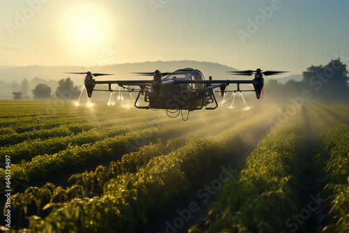Drone spraying pesticides on agricultural field at sunset. Drone spraying pesticides on agricultural field.