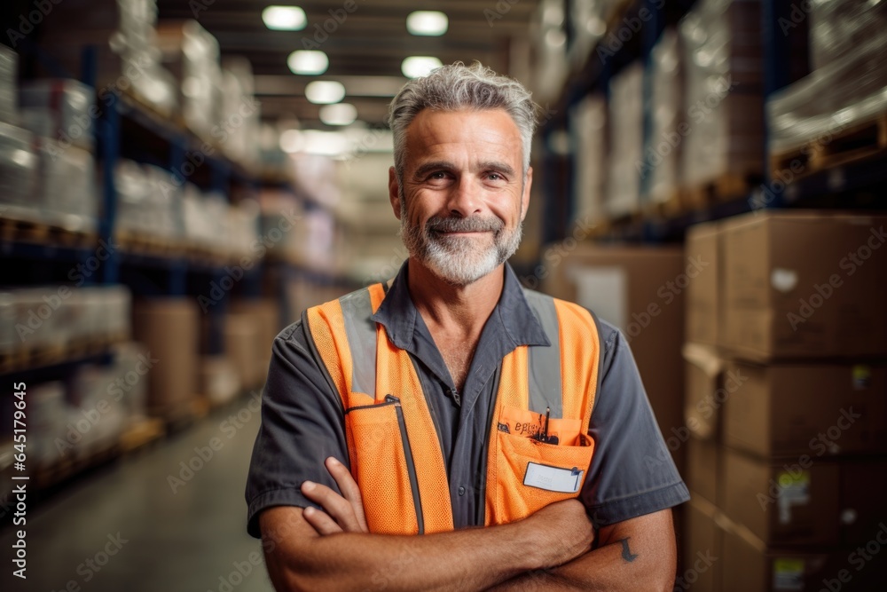 Smiling portrait of a happy middle aged warehouse worker or manager working in a warehouse Smiling portrait of a happy middle aged warehouse worker or manager working in a warehouse