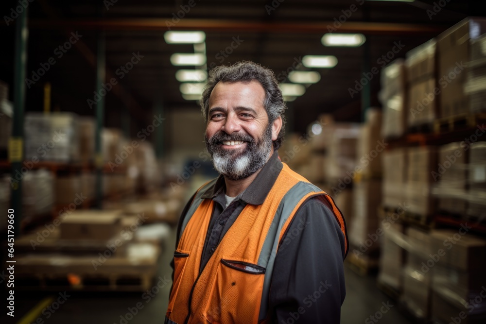 Smiling portrait of a happy middle aged warehouse worker or manager working in a warehouse Smiling portrait of a happy middle aged warehouse worker or manager working in a warehouse