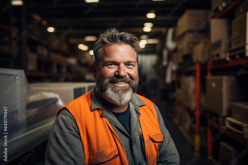 Fototapeta premium Smiling portrait of a happy middle aged warehouse worker or manager working in a warehouse