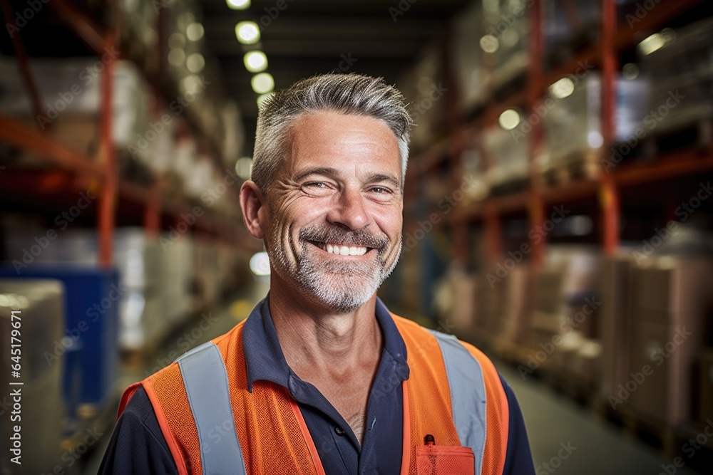 Smiling portrait of a happy middle aged warehouse worker or manager working in a warehouse Smiling portrait of a happy middle aged warehouse worker or manager working in a warehouse