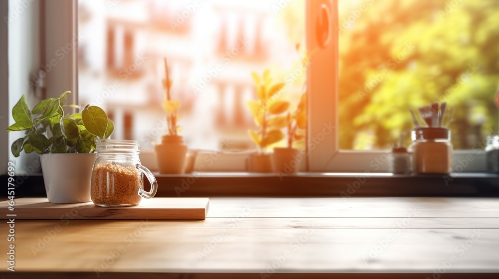 Wooden table on blurred kitchen bench background, Empty beautiful wood table top counter and blur bokeh modern kitchen interior background in clean and bright Wooden table on blurred kitchen bench background, Empty beautiful wood table top counter and blur bokeh modern kitchen interior background in clean and bright