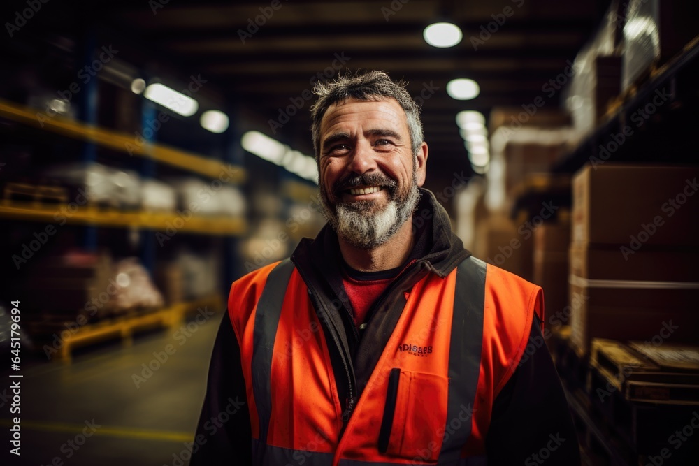 Fototapeta premium Smiling portrait of a happy middle aged warehouse worker or manager working in a warehouse