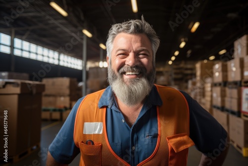 Smiling portrait of a happy middle aged warehouse worker or manager working in a warehouse