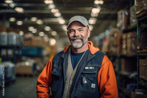 Smiling portrait of a happy middle aged warehouse worker or manager working in a warehouse