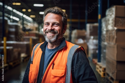 Smiling portrait of a happy middle aged warehouse worker or manager working in a warehouse