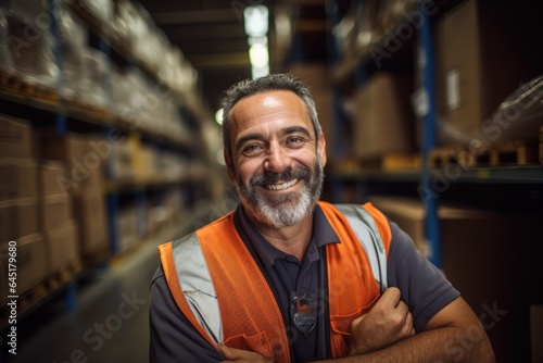 Smiling portrait of a happy middle aged warehouse worker or manager working in a warehouse