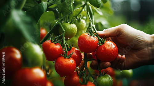 A real photo of a Bright Tomato Babies, bunch of bright red tomatoes soaked with water droplets on organic farm tomato plant, farmer's hand picking produce