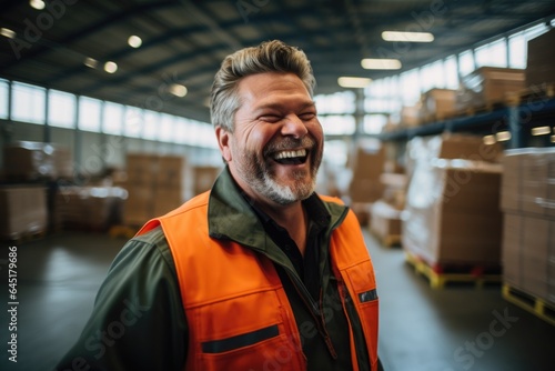 Smiling portrait of a happy middle aged warehouse worker or manager working in a warehouse