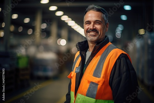 Smiling portrait of a happy middle aged warehouse worker or manager working in a warehouse
