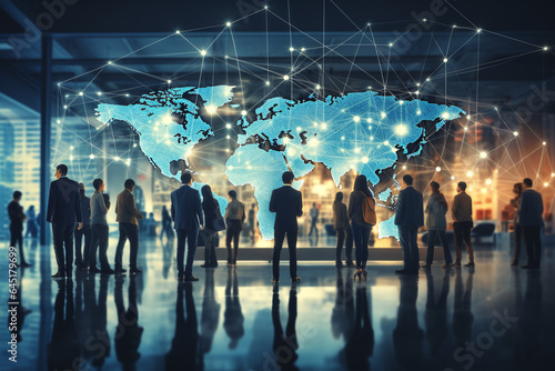 Global communication concept with silhouettes of business people and world map. 3D Rendering