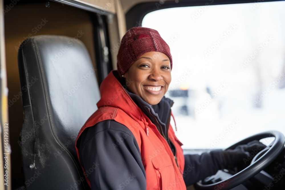 Smiling portrait of an african american female truck driver working for a trucking company Smiling portrait of an african american female truck driver working for a trucking company