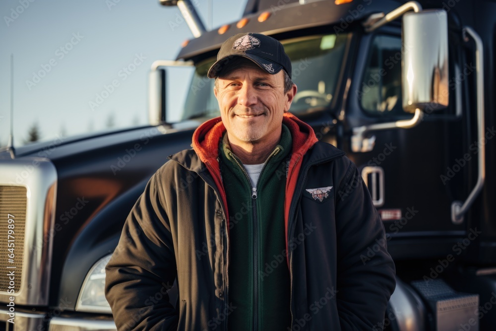 Smiling portrait of a happy middle aged caucasian male truck driver working for a trucking company Smiling portrait of a happy middle aged caucasian male truck driver working for a trucking company