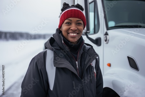 Smiling portrait of an african american female truck driver working for a trucking company
