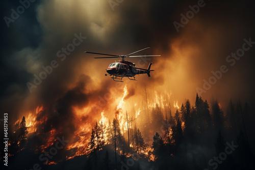 Burning forest and helicopter at night. Fire in the air.