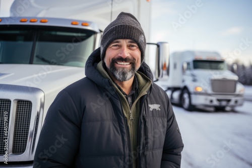 Smiling portrait of a happy middle aged caucasian male truck driver working for a trucking company