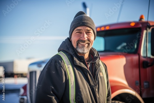 Smiling portrait of a happy middle aged caucasian male truck driver working for a trucking company