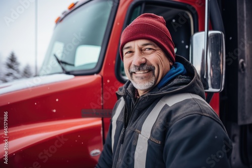 Smiling portrait of a happy middle aged caucasian male truck driver working for a trucking company