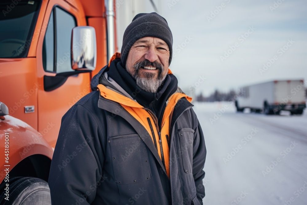 Smiling portrait of a happy middle aged caucasian male truck driver working for a trucking company Smiling portrait of a happy middle aged caucasian male truck driver working for a trucking company