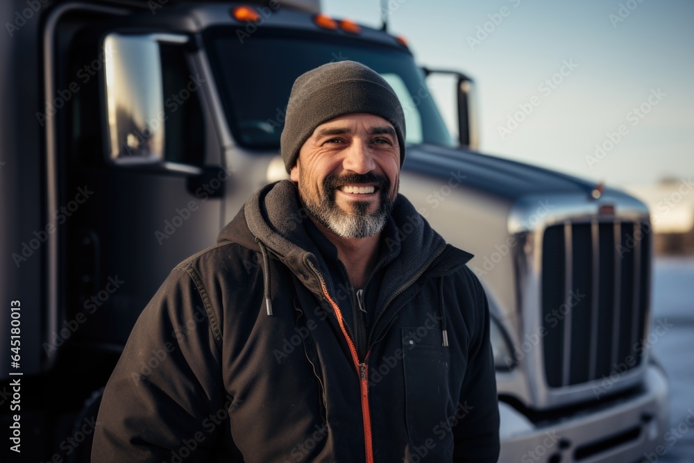 Smiling portrait of a happy middle aged caucasian male truck driver working for a trucking company Smiling portrait of a happy middle aged caucasian male truck driver working for a trucking company