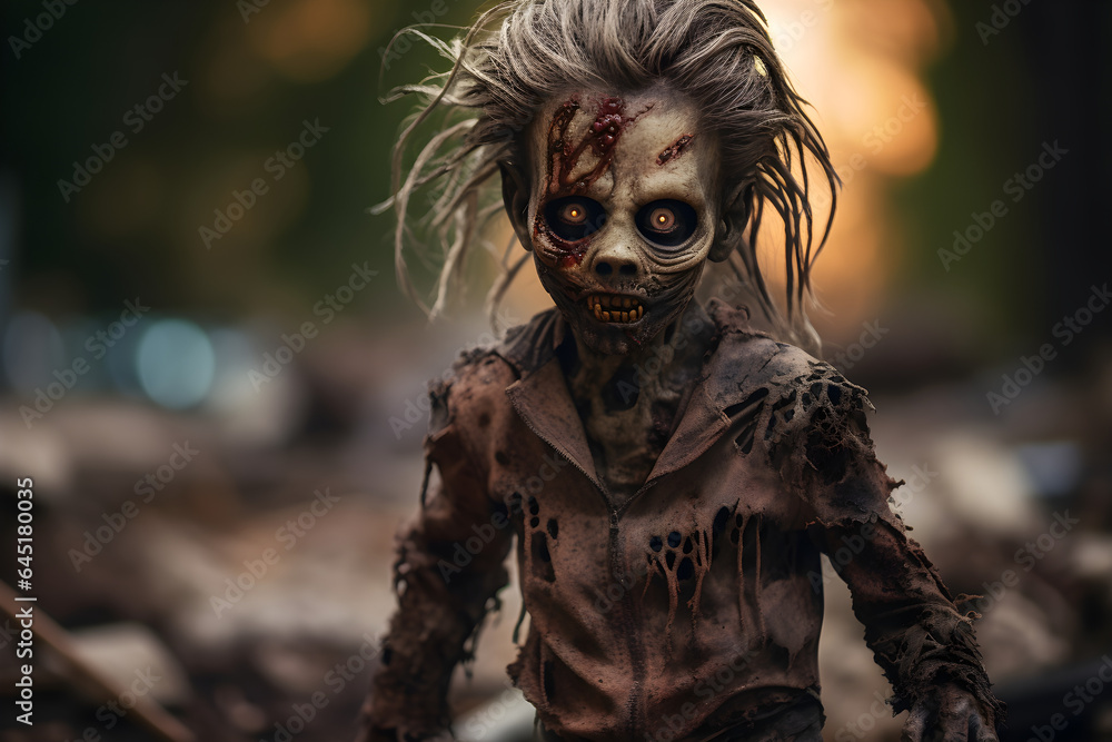 portrait of little zombie girl in city street portrait of little zombie girl in city street