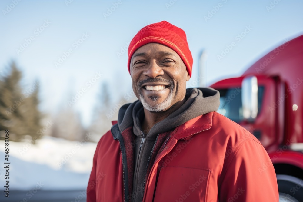 Smiling portrait of a happy middle aged african american male truck driver working for a trucking company